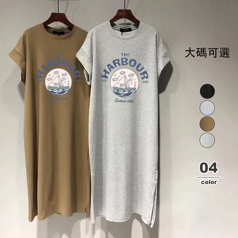 大碼長款過膝短袖T恤裙時尚開叉字母印花洋裝