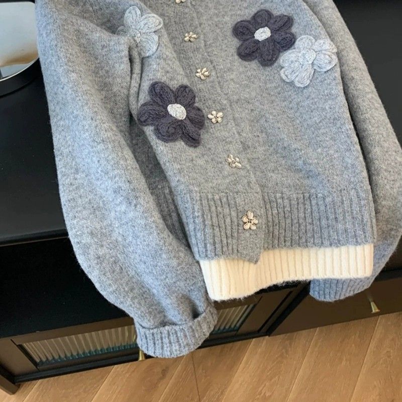 韓版花朵寬鬆毛衣外套慵懶刺繡針織開衫