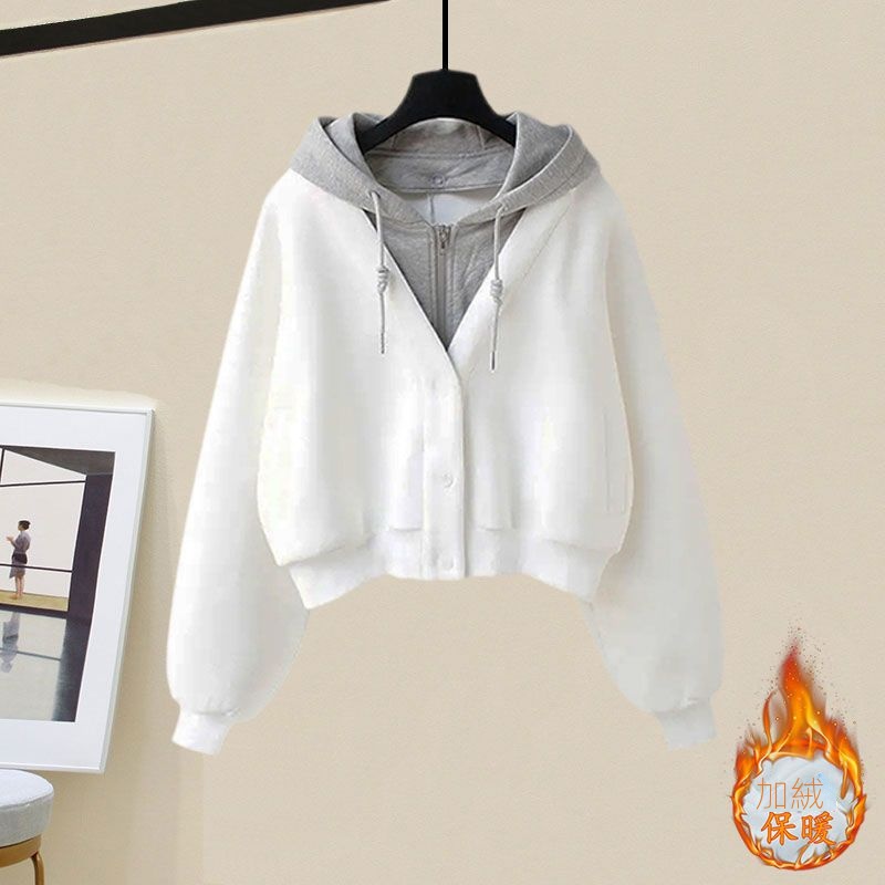 【單件/整套】奶糯風假兩件連帽衛衣+休閒運動闊腿褲兩件套裝