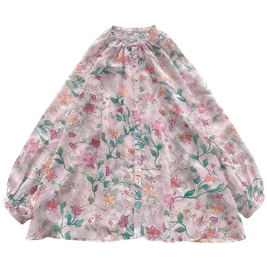 雪紡上衣女夏新款寬鬆遮肚子罩衫薄紗小衫燈籠長袖防曬衣外穿