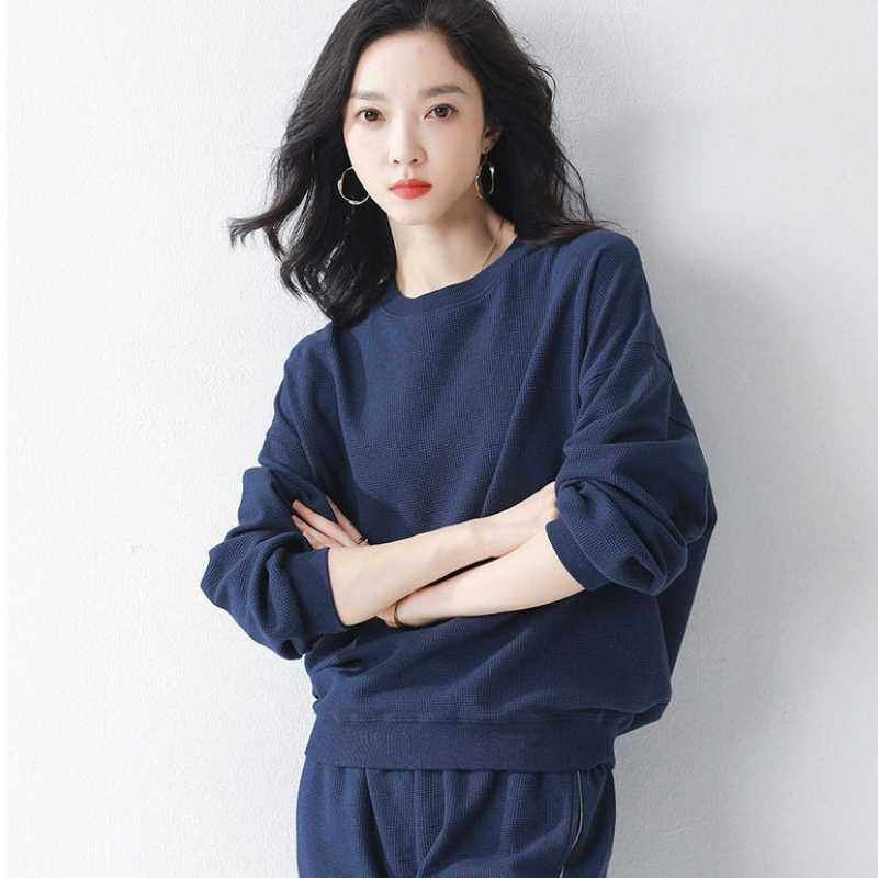 【整套】華夫格日韓休閑長袖T恤+跑步運動束腳褲兩件套裝