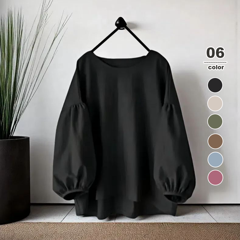 寬鬆休閒素色圓領長袖泡泡袖襯衫
