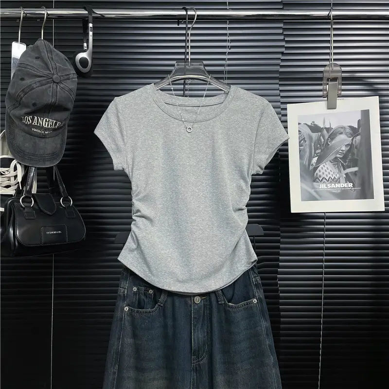 別緻洋氣圓領設計感褶皺收腰百搭顯瘦正肩短袖T恤