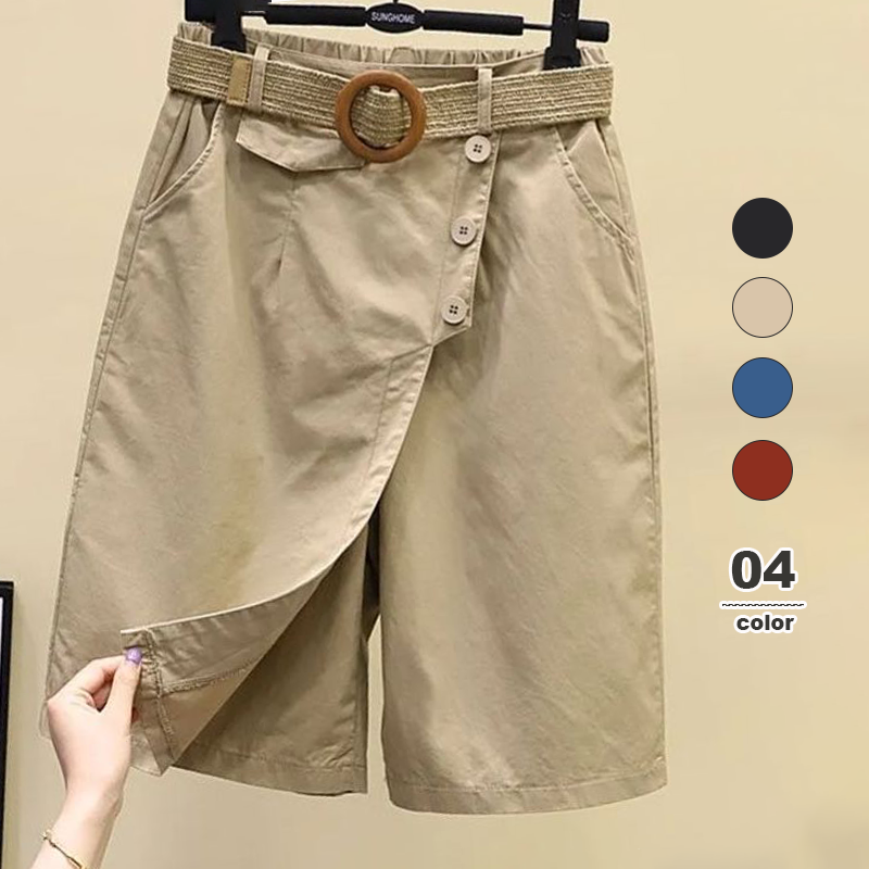 時尚休閒顯瘦鬆緊腰直筒五分闊腿褲裙