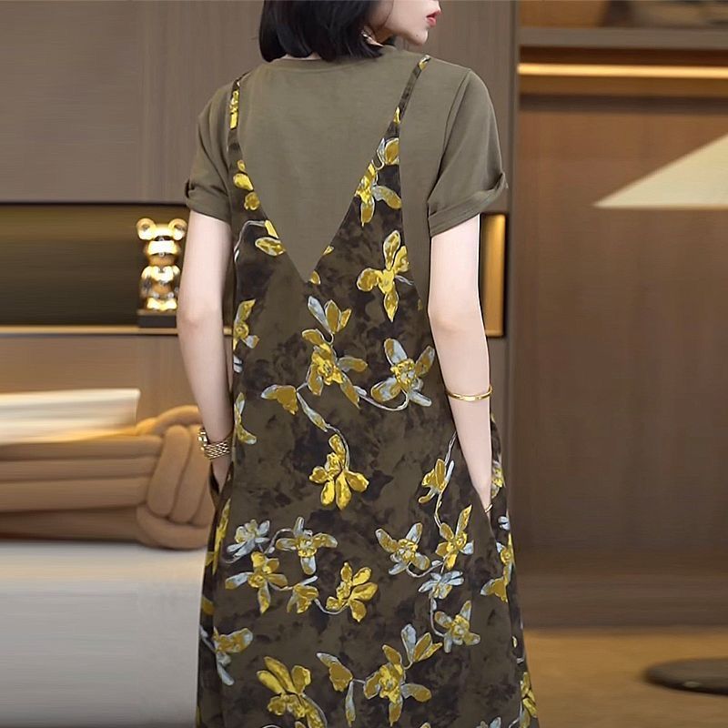 小香風有口袋吊帶假兩件大碼顯瘦過膝洋裝