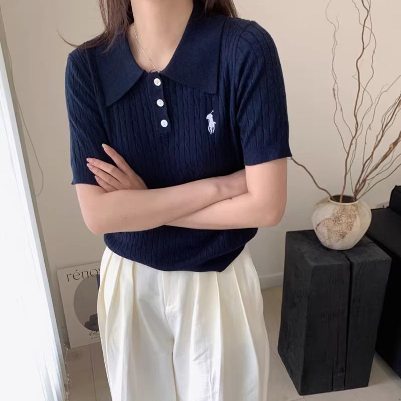 Polo領正肩修身針織麻花短袖t恤