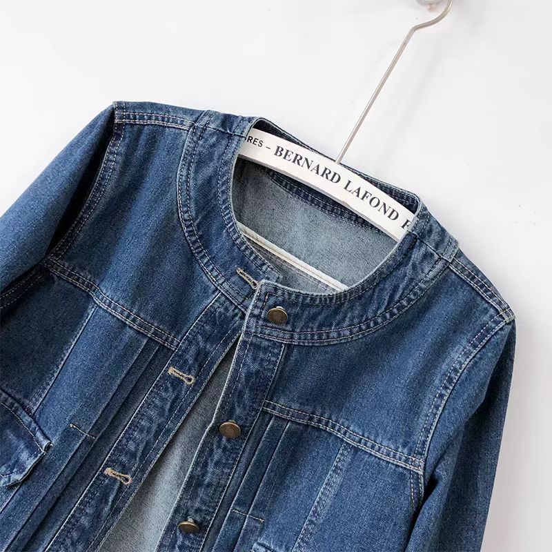 圓領壓褶藍色牛仔外套女短款春秋季長袖正肩修身顯瘦休閒夾克