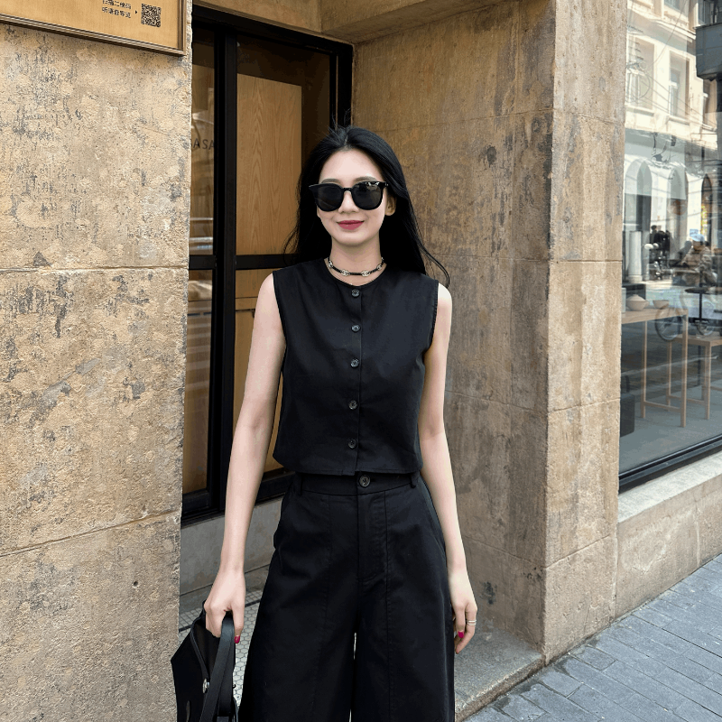 【單件/套裝】極簡設計兩穿無袖背心+寬鬆休閑闊腿褲套裝