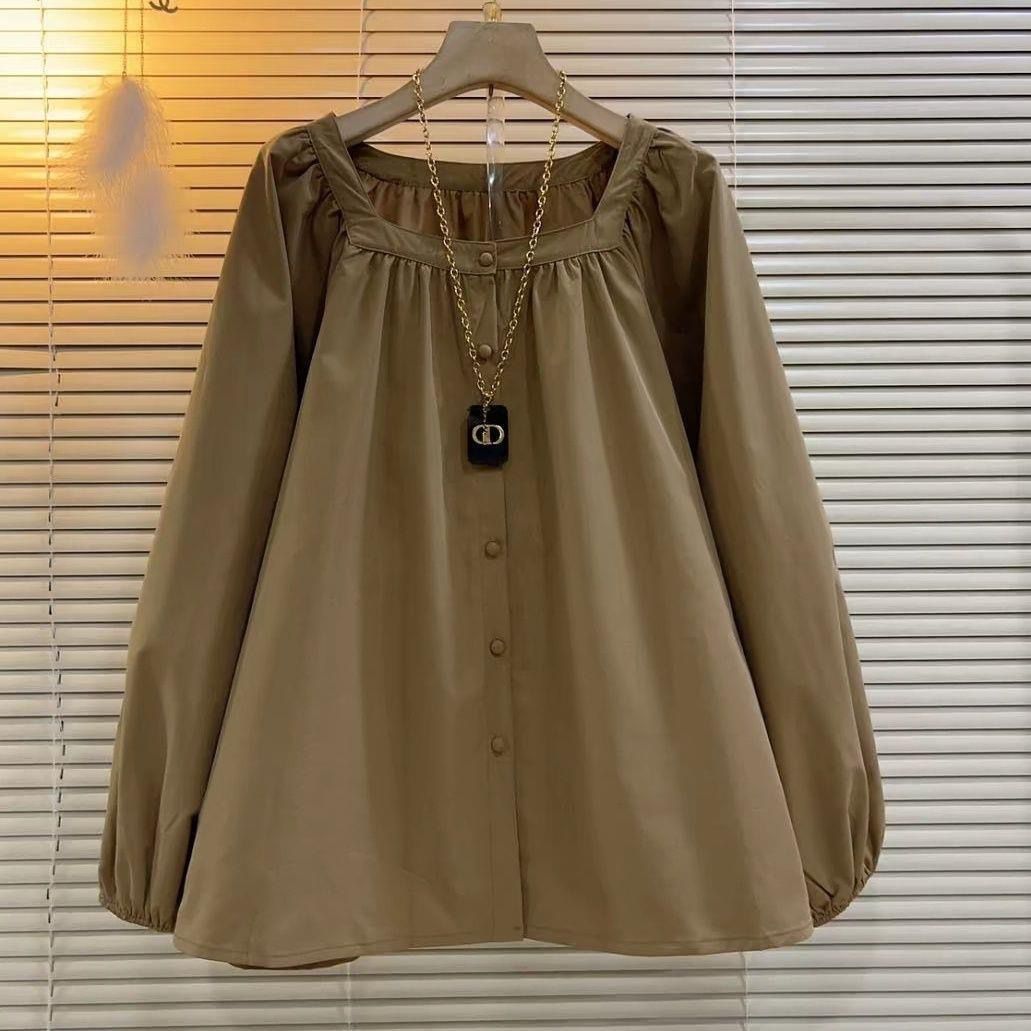 多巴胺長袖法式寬鬆方領褶皺百搭襯衫