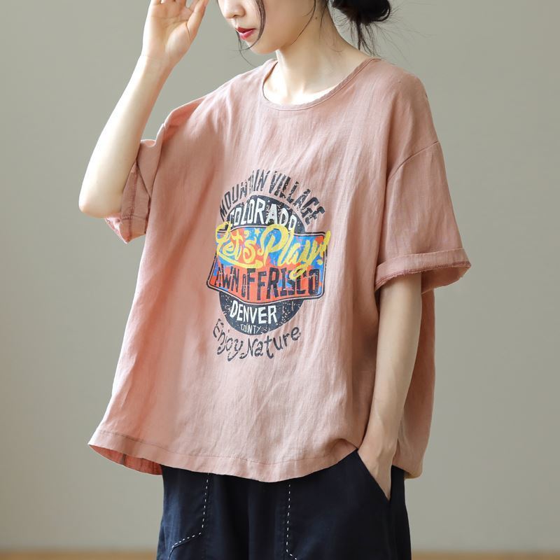 棉麻字母印花寬鬆大碼圓領百搭休閒短袖