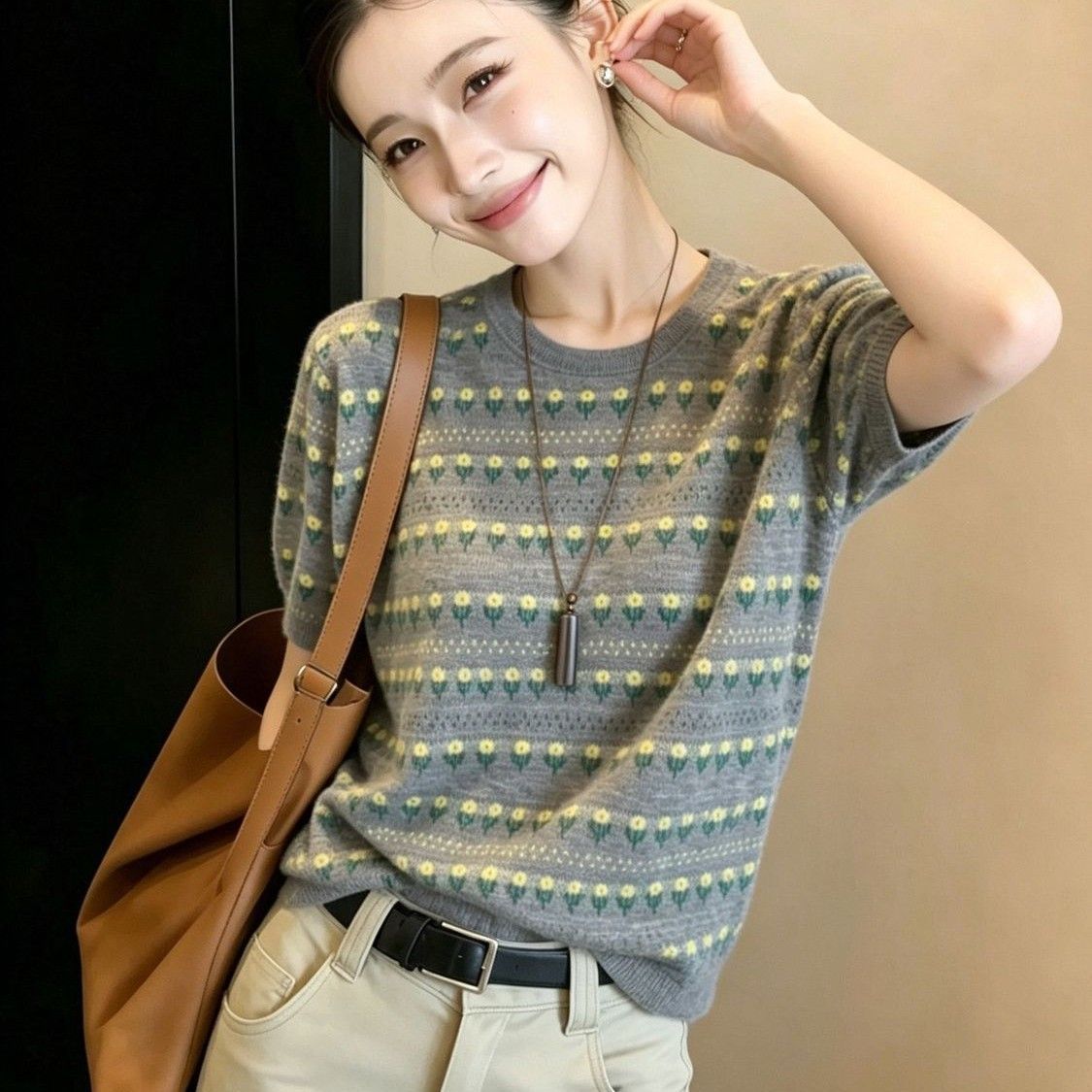@圓領短袖寬鬆百搭薄款短袖針織衫