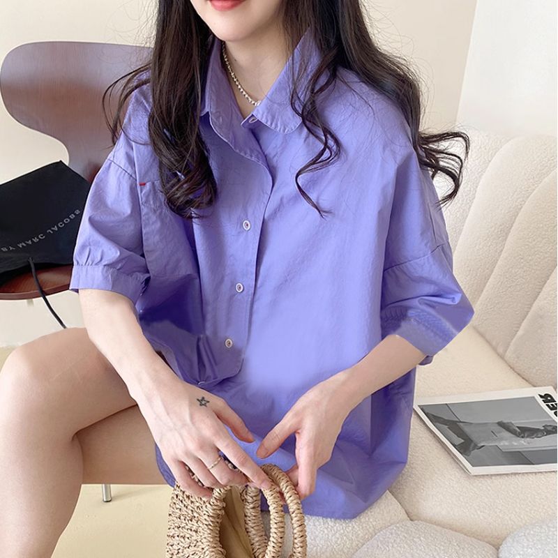 韓版通勤寬鬆a字斗篷純色女短袖上衣娃娃領襯衫