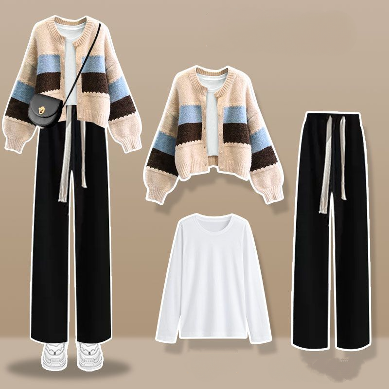 穿搭洋氣針織開衫配休閒闊腿褲套裝-vivivale