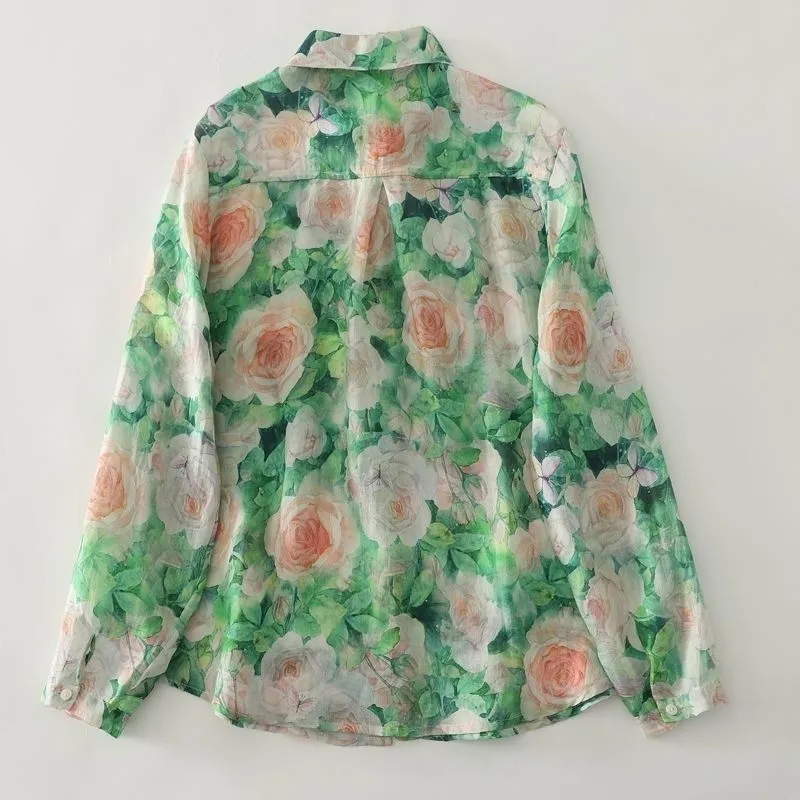 綠色碎花法式寬鬆顯瘦百搭長袖襯衫