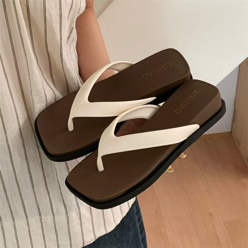 戶外休閒厚底復古拼色夾腳涼拖鞋