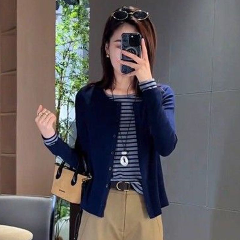 【單件/套裝】減齡洋氣時尚撞色假兩件長袖T恤+顯瘦休閒闊腿褲兩件套