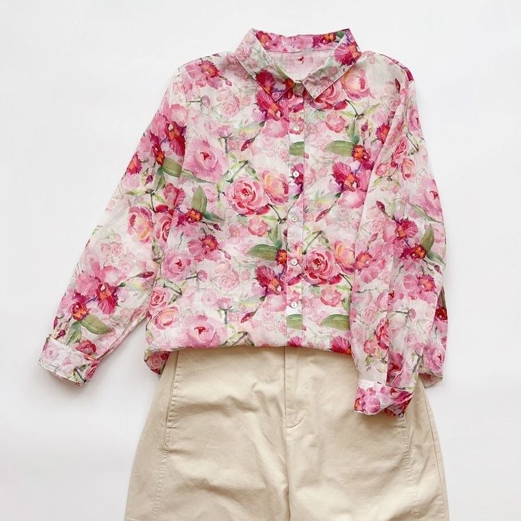 巨好看碎花小衫百搭韓版寬鬆薄款法式百搭女上衣粉色印花襯衫