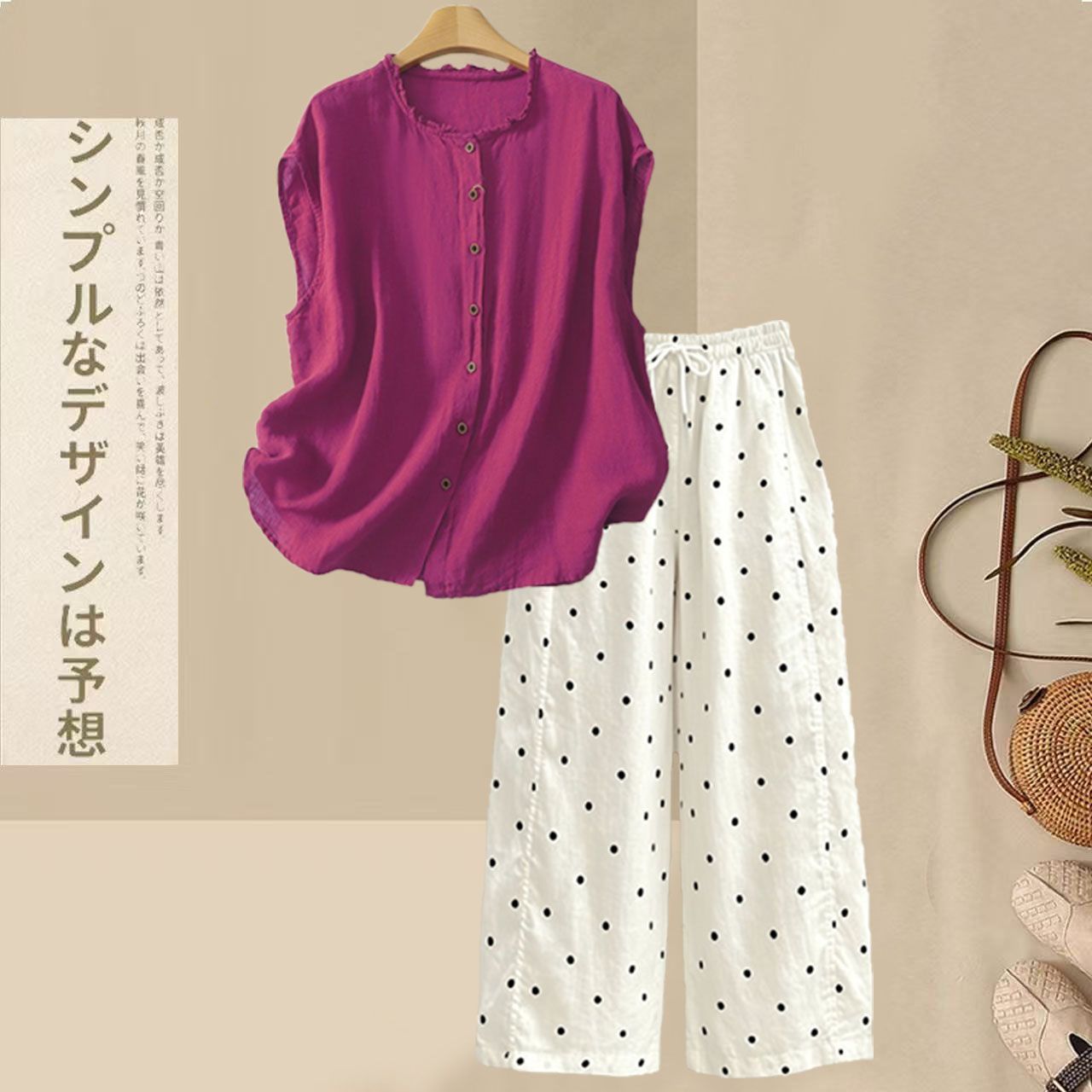 【整套】慵懶風棉麻木耳襯衫+寬松休閑波點褲兩件套
