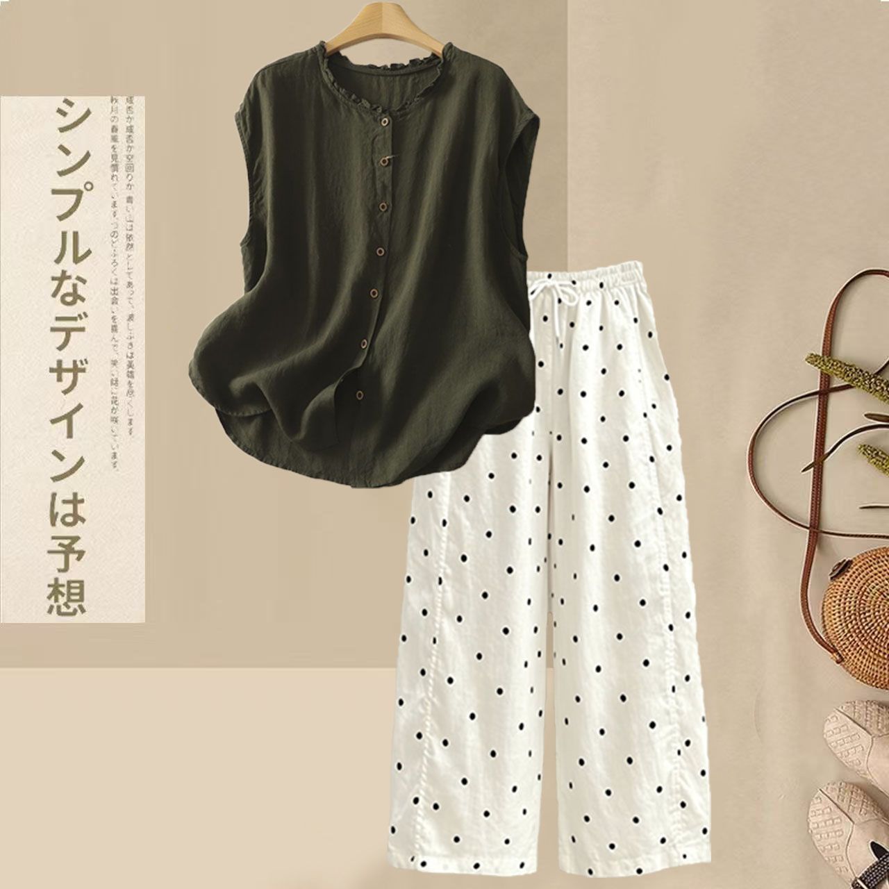 【整套】慵懶風棉麻木耳襯衫+寬松休閑波點褲兩件套