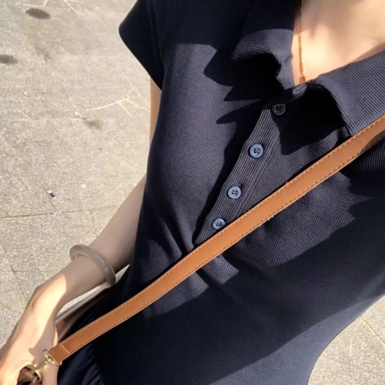 休閒polo領短袖拼接大擺慵懶長版洋裝