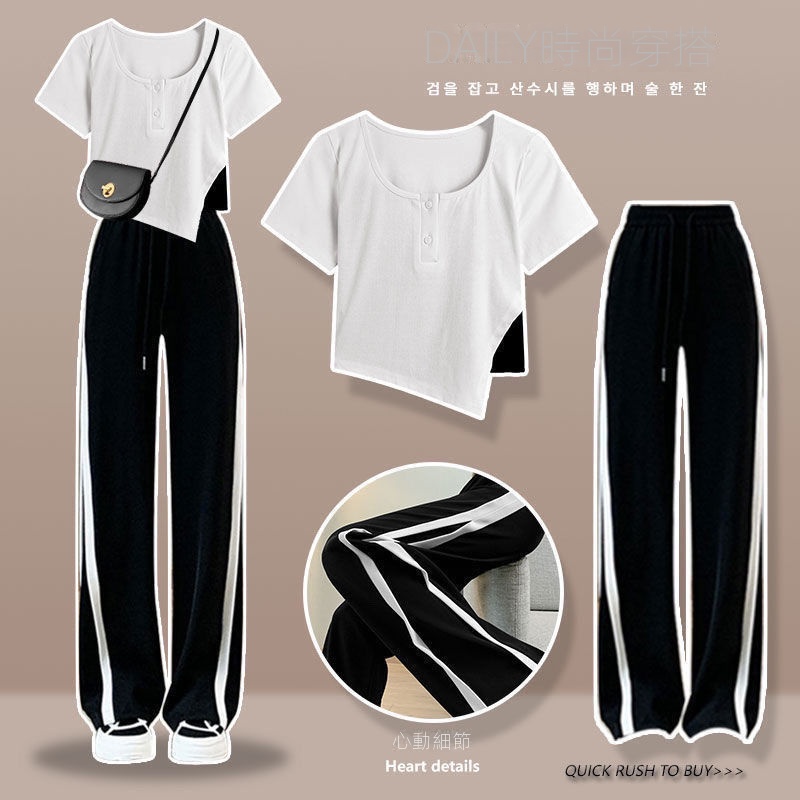 【單件/套裝】酷鹽系休閒時尚短袖+運動闊腿褲兩件套裝