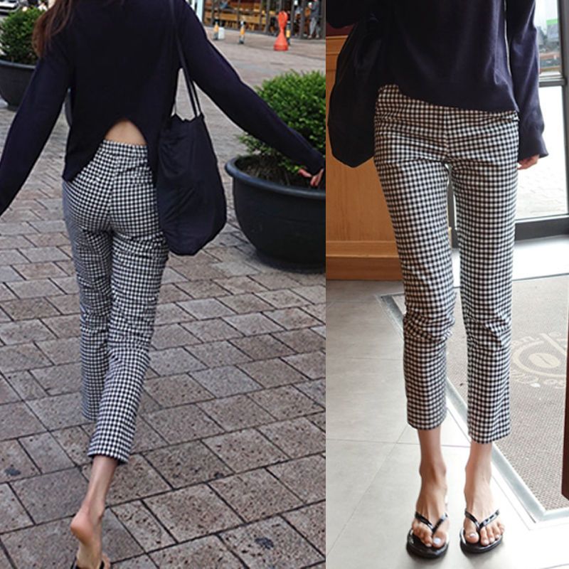黑白格子高腰韓版休閒彈力顯瘦百搭九分直筒褲