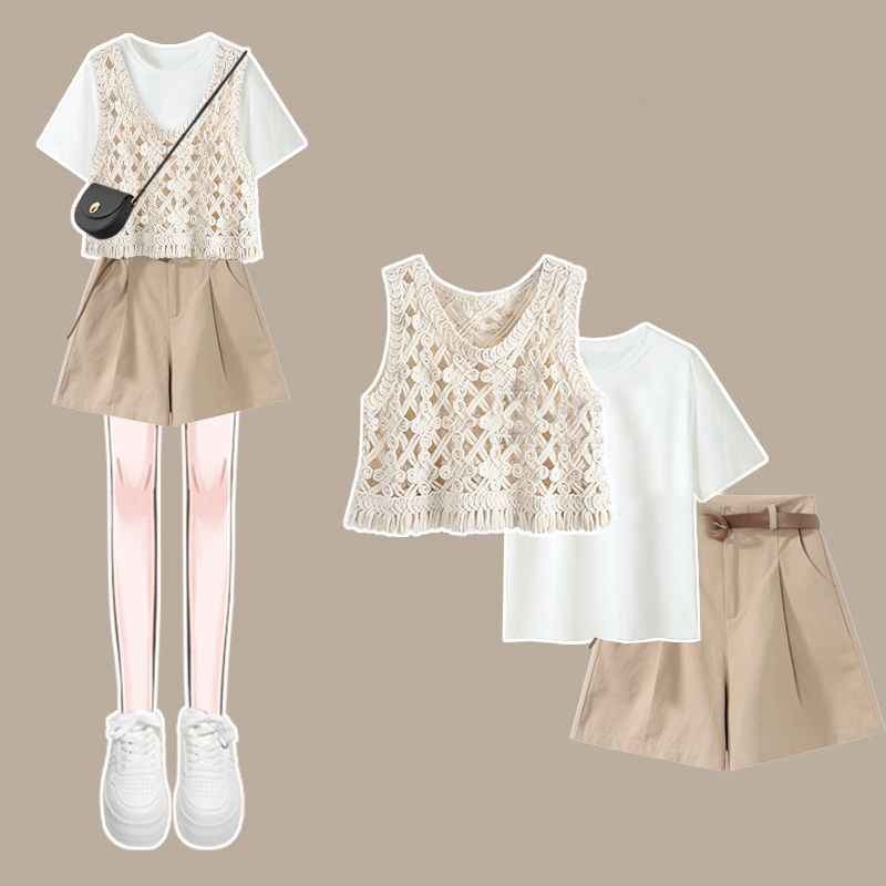 【單件/套裝】洋氣鏤空背心短袖顯瘦休閒短褲三件套裝