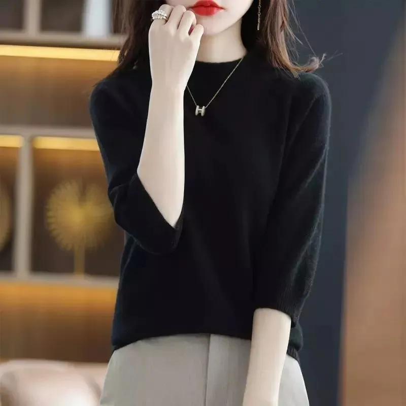 半高領套頭打底衫寬鬆七分袖內搭針織毛衣