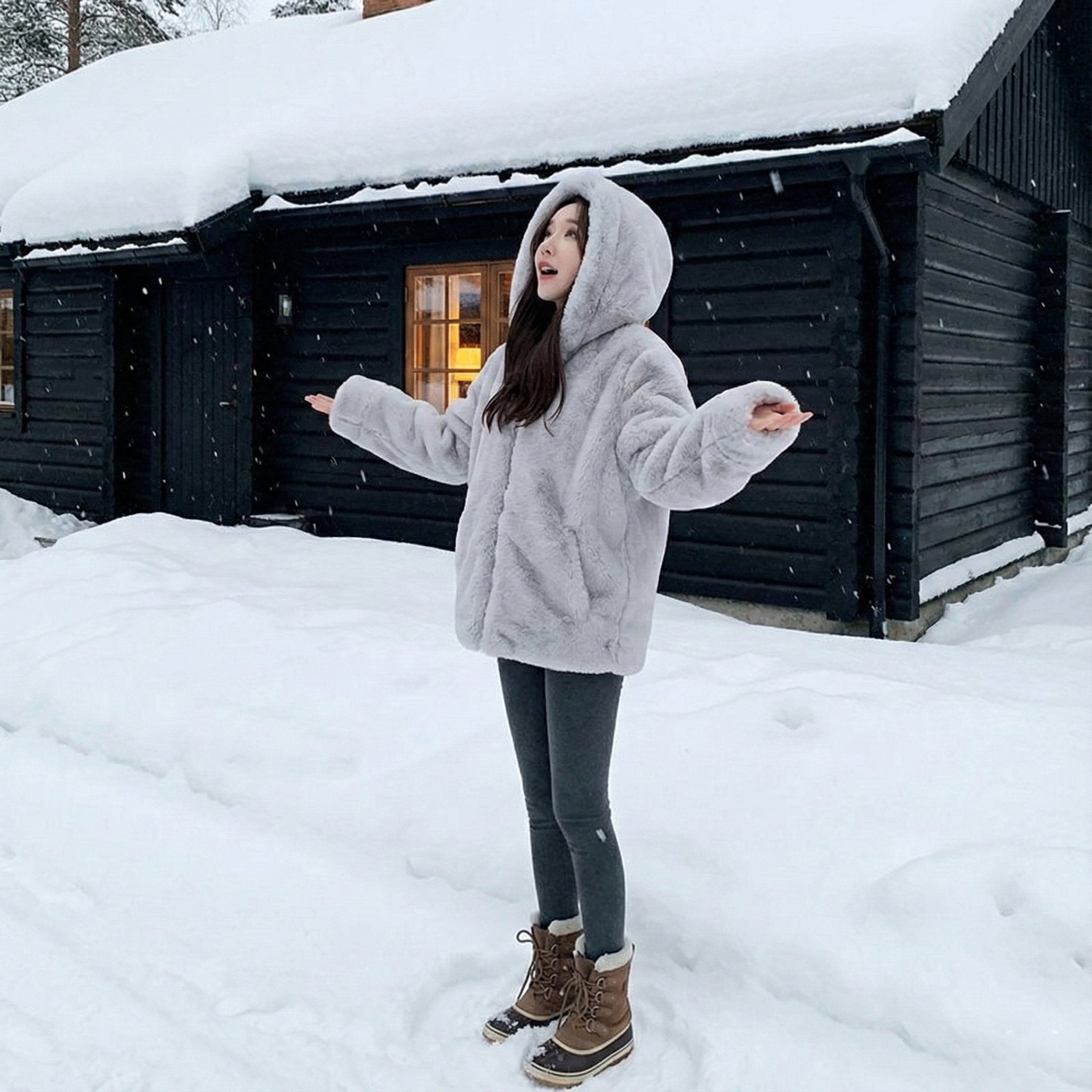 寬鬆慵懶連帽刷毛仿皮草羊羔毛絨外套