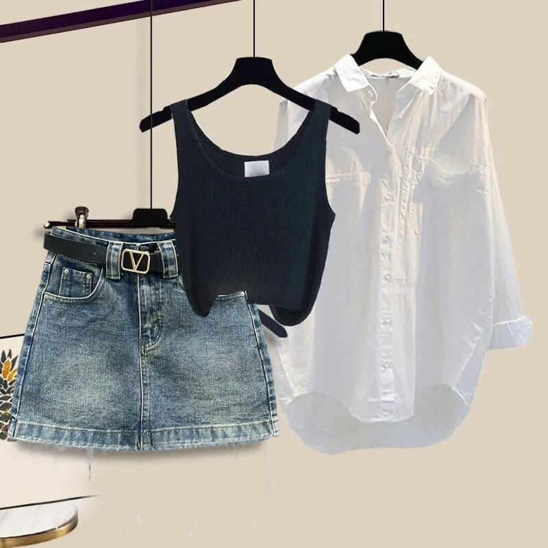 【單件/套裝】韓版百搭襯衫背心顯瘦牛仔裙三件套裝