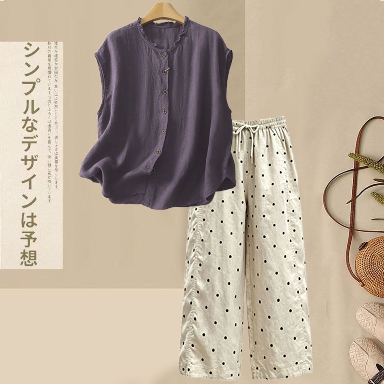 【整套】慵懶風棉麻木耳襯衫+寬松休閑波點褲兩件套