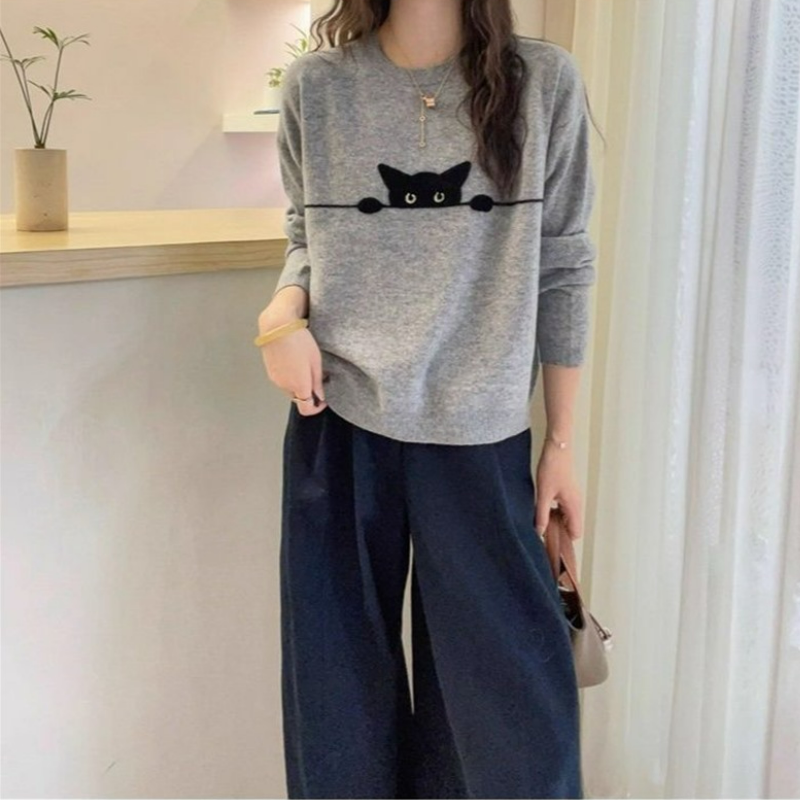 小貓圆领提花大碼寬鬆洋氣打底針織衫毛衣