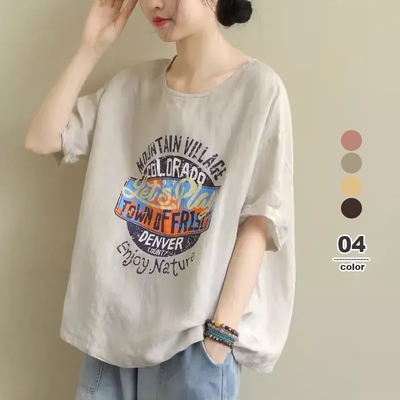 棉麻字母印花寬鬆大碼圓領百搭休閒短袖