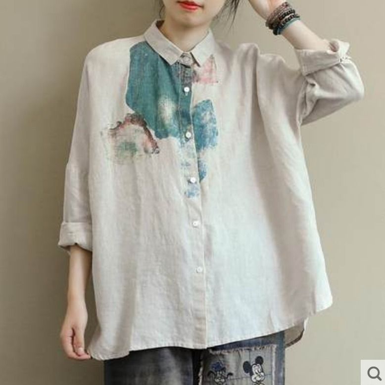 文藝印花長袖寬松百搭棉麻襯衫外套