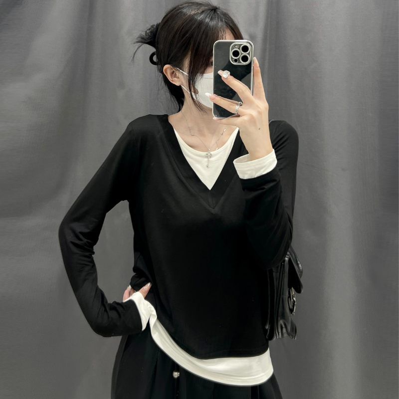 純棉假兩件純慾風內搭打底衫修身設計感小眾長袖t恤