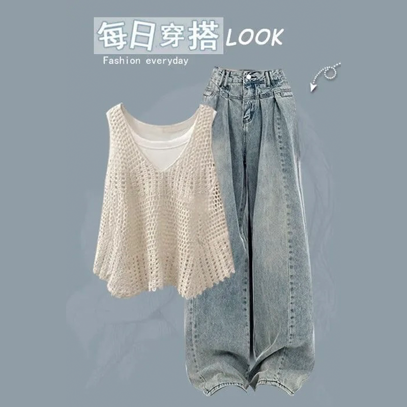 【整套/單件】鏤空馬甲背心寬鬆牛仔褲三件套裝