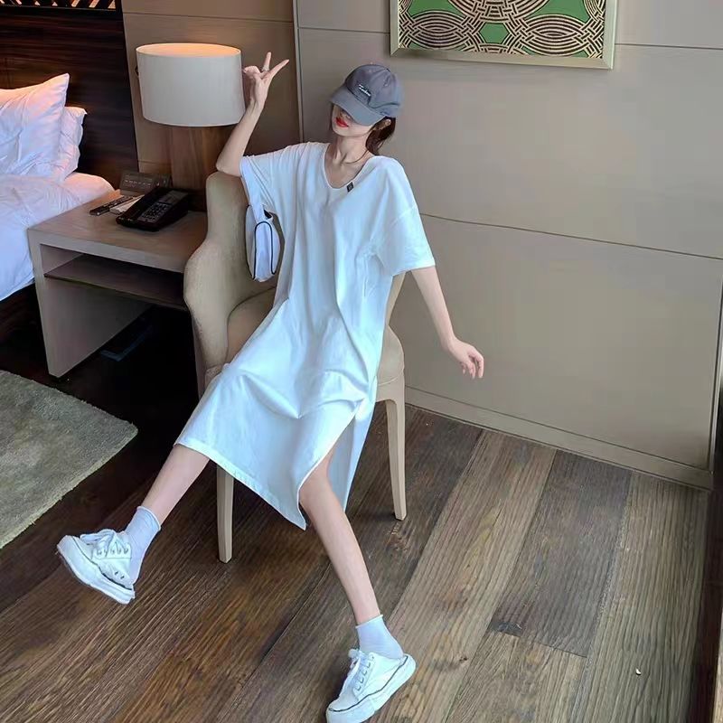 慵懶風大碼性感露背薄款V領短袖洋裝