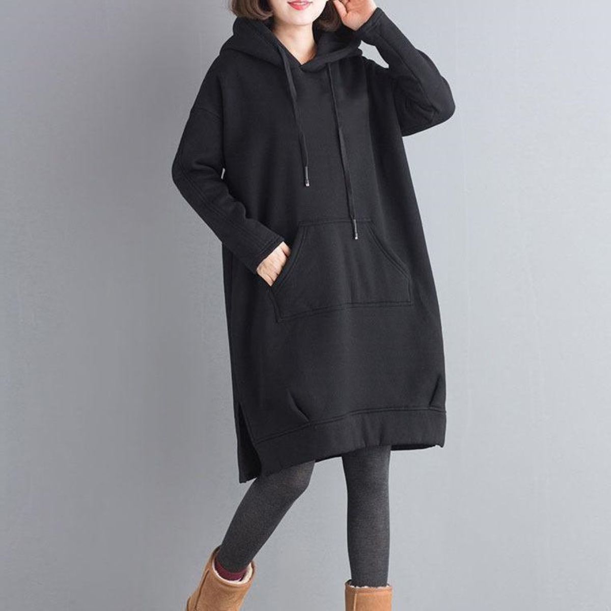 大碼寬鬆刷毛加厚素色開叉連帽中長裙