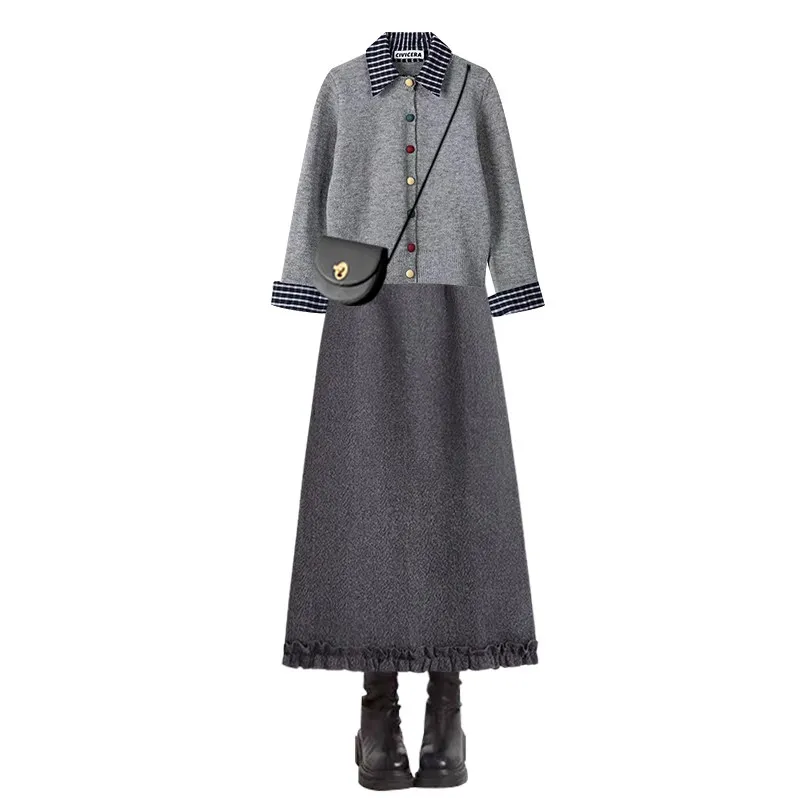 【單件/套裝】休閒減齡寬鬆針織毛衣+顯瘦半身裙兩件套