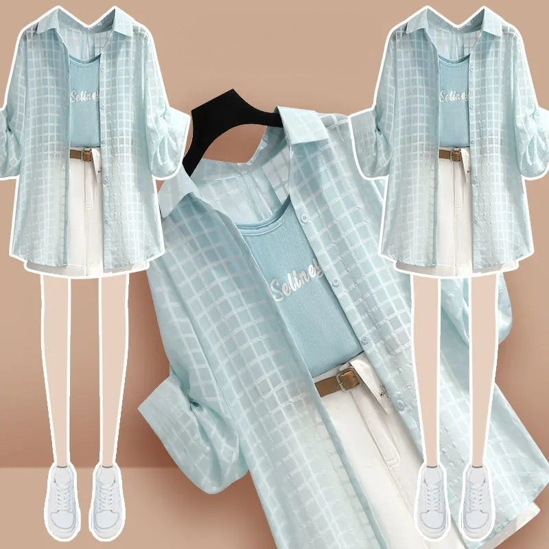 【單件/套裝】雪紡襯衫內搭吊帶牛仔短褲三件套裝