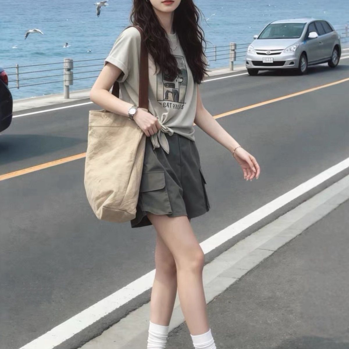 【單件/套裝】俏皮活潑大碼印花短袖T恤+休閑百搭工裝短褲兩件套