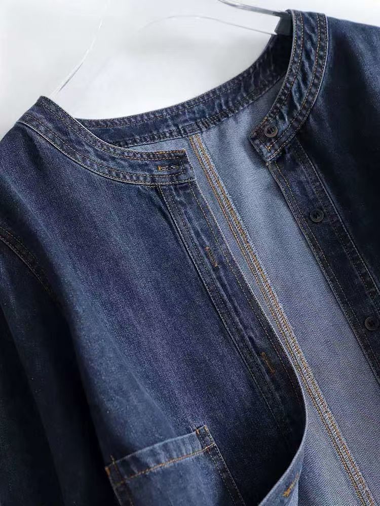 氣質色時尚休閒通勤藍色牛仔開衫短款外套