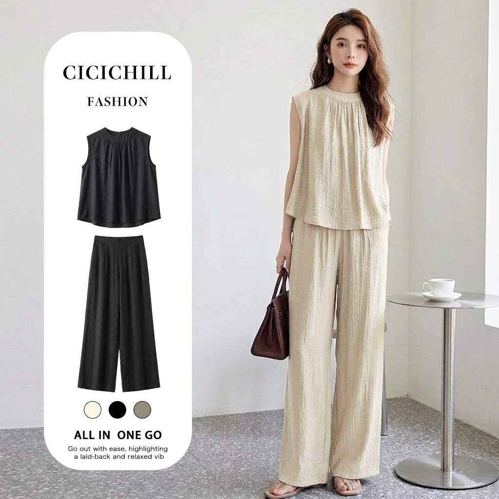 【整套】氣質休閑無袖上衣+闊腿褲兩件套