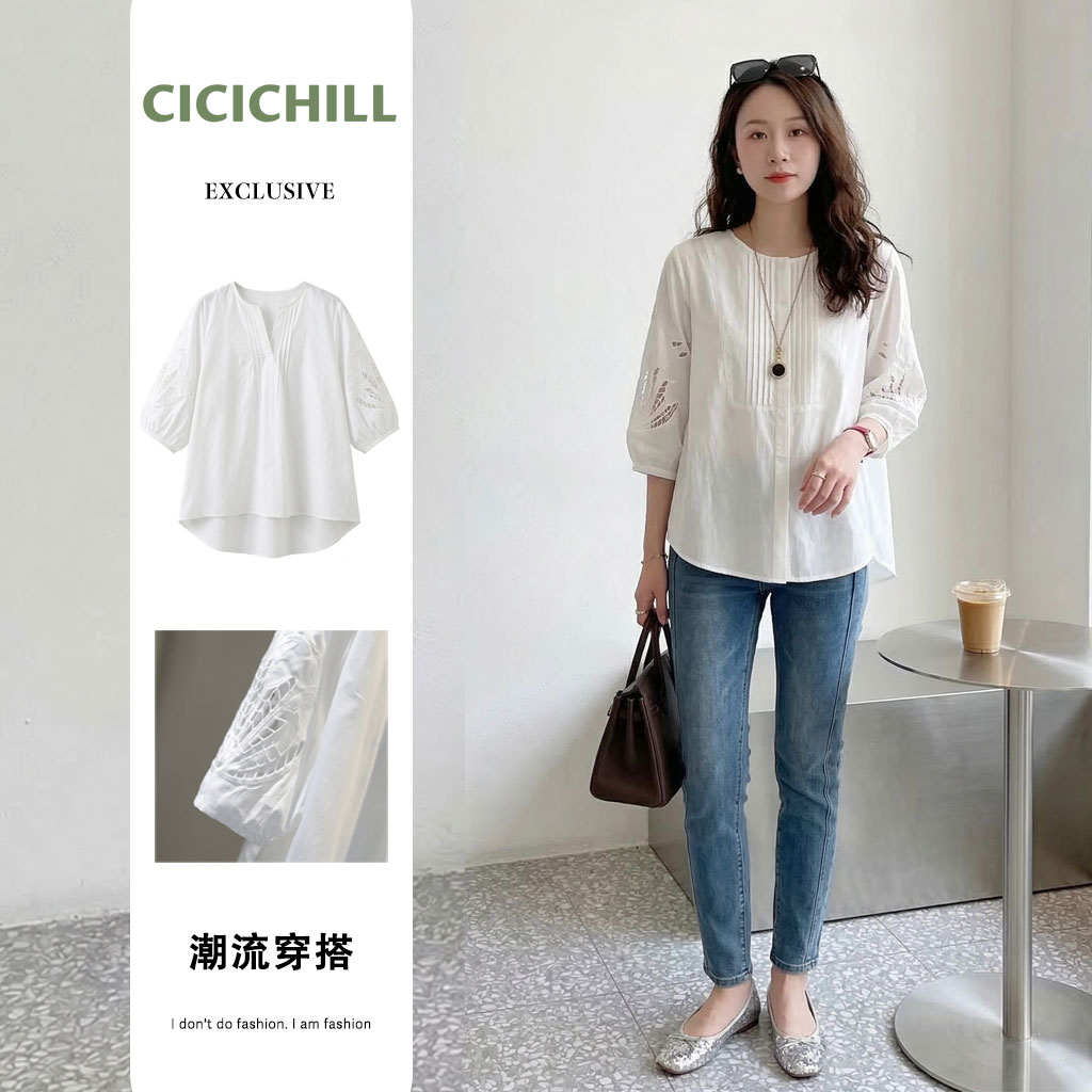 韓版純棉鏤空繡花清新寬鬆中袖襯衫