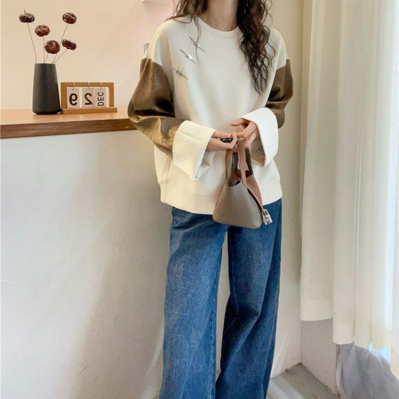 時尚潮流圓領寬鬆簡約拼接設計感休閒百搭長袖衛衣