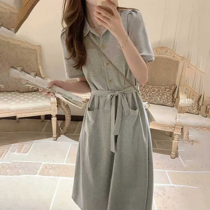 Polo領中長款慵懶風收腰翻領綁帶洋裝