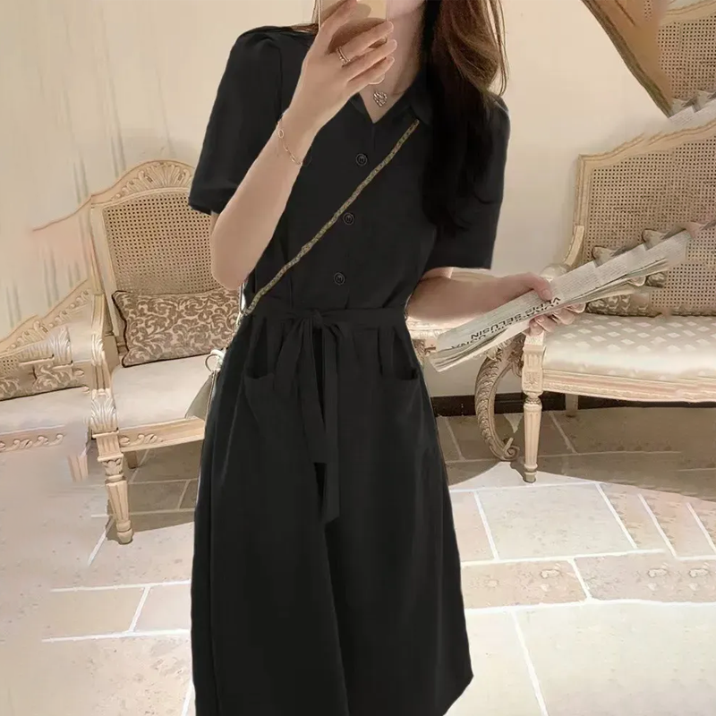 Polo領中長款慵懶風收腰翻領綁帶洋裝