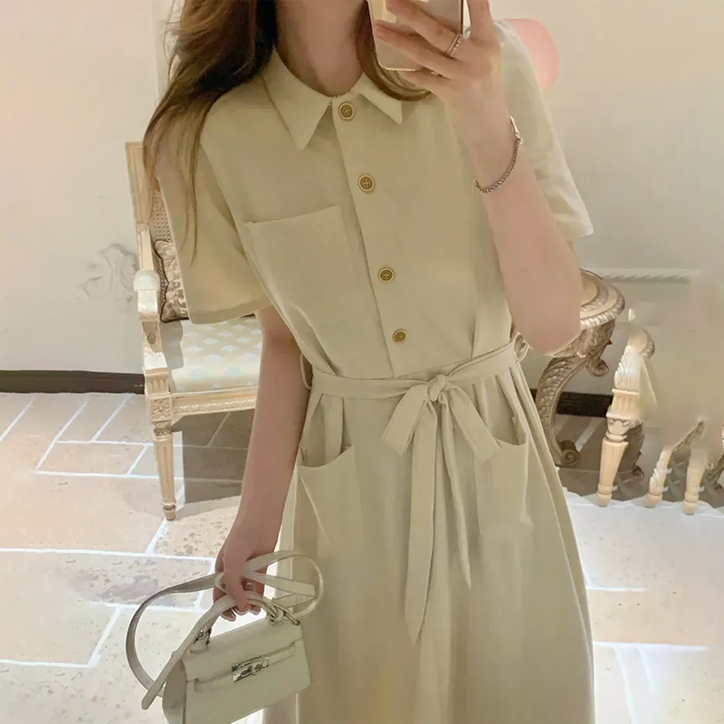 Polo領中長款慵懶風收腰翻領綁帶洋裝