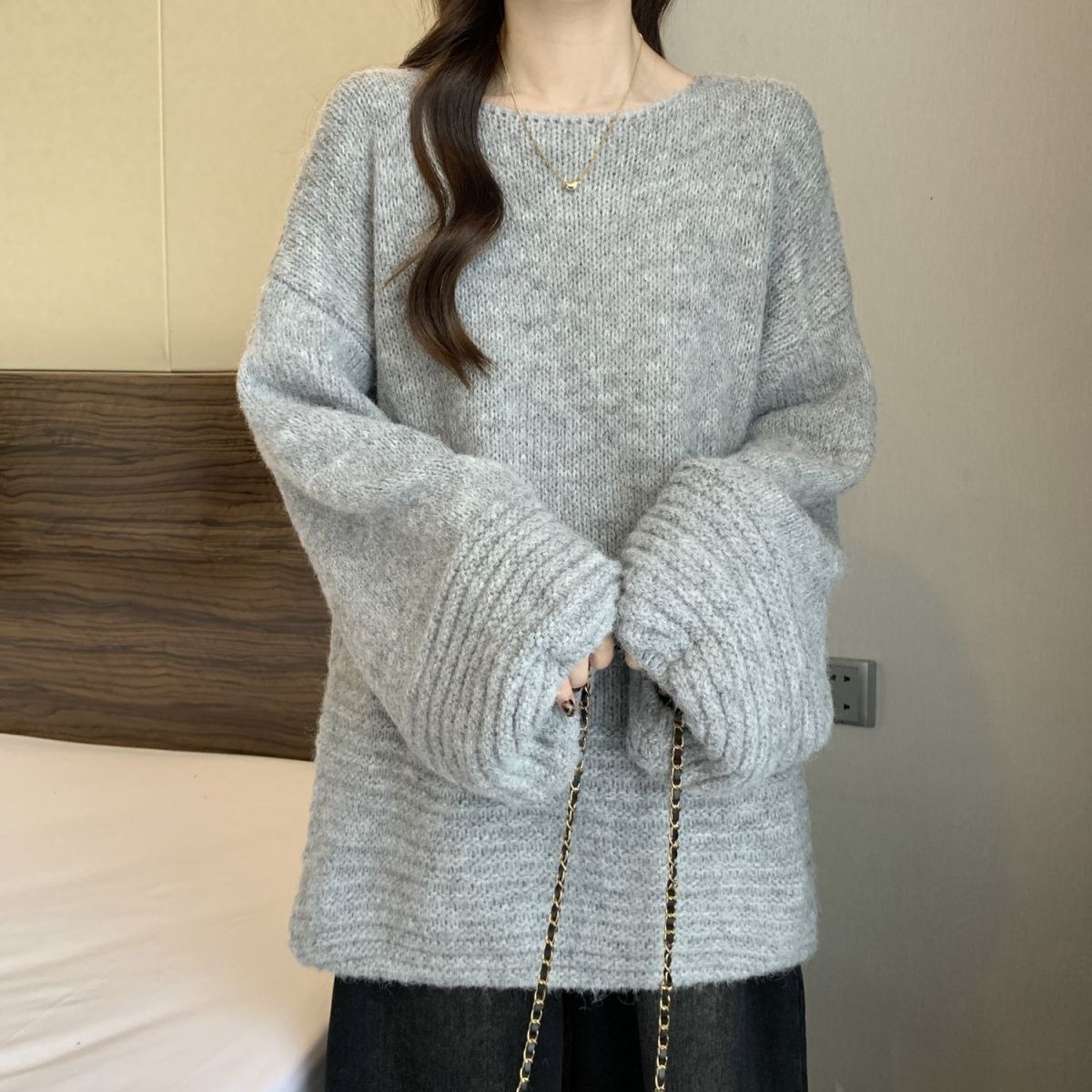 寬松燈籠袖大碼中長款針織衫軟糯慵懶風毛衣