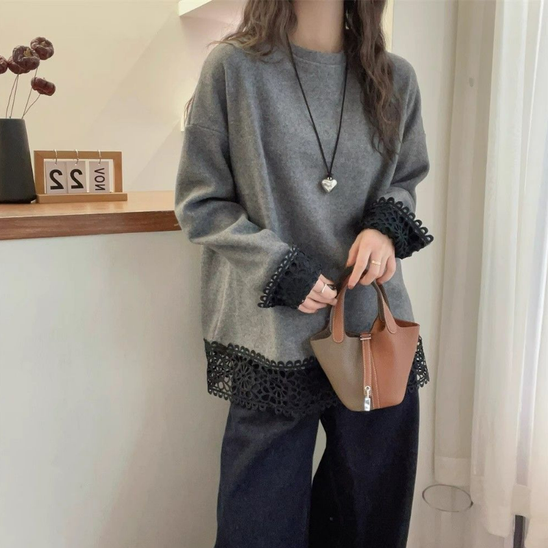 大碼雙面德絨蕾絲拼接寬鬆顯瘦長袖打底衫